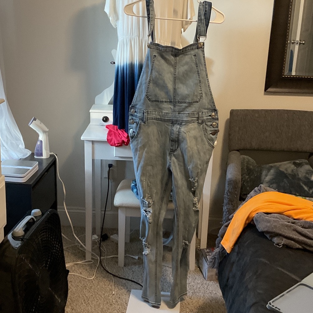 Women's Light Blue Distressed Denim Overalls